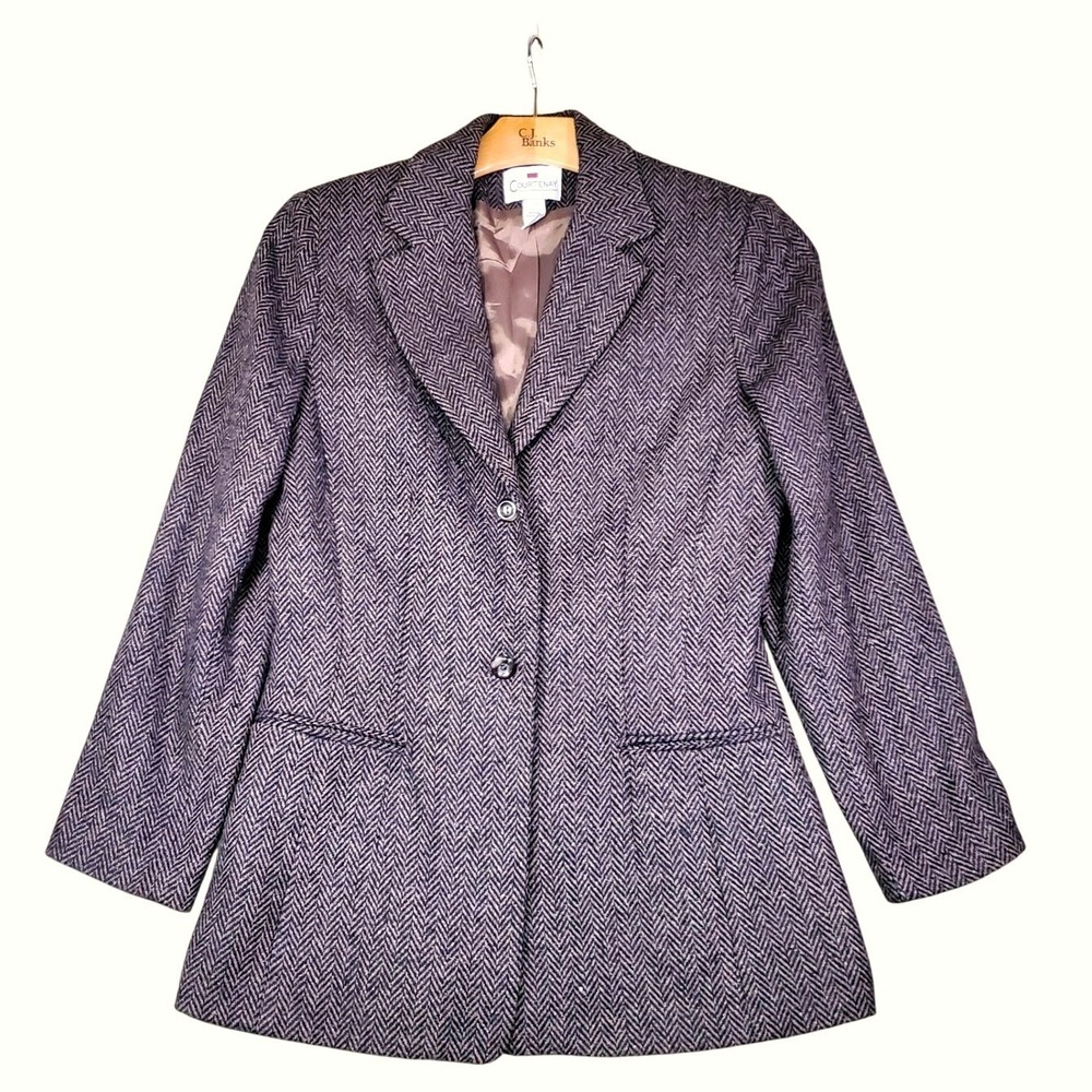 Vintage Courtenay Womens Brown Herringbone Wool Blend Blazer Jacket Size 10